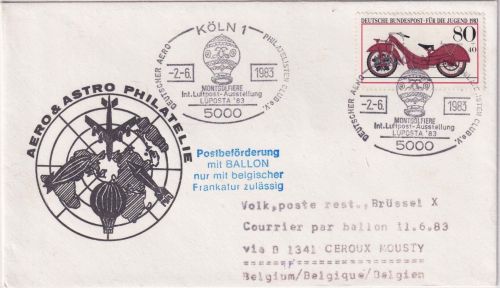 BRD - Köln 1983 SST Luposta Zuleitung/Ballonpost Ceroux-Mousty/Brüssel