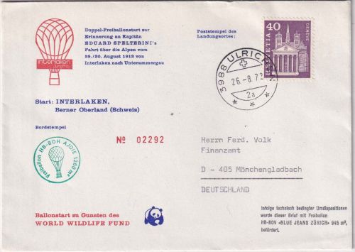 Schweiz - Ballonpost/WWF Ballon "Blue Jeans Zürich" Sonderkuvert Ulrichsen 1972