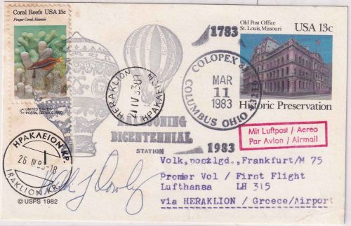 USA - Columbus Ohio COLOPEX Ballonpost Zuleitung LH-Erstflug Herakliom/FFM 1983