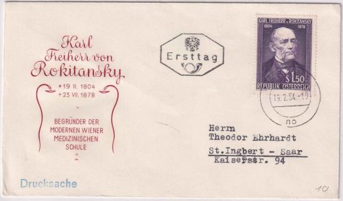 Österreich - 1,50 S. 150. Geb. Rokitansky Schmuck-FDC Graz 19.2.54