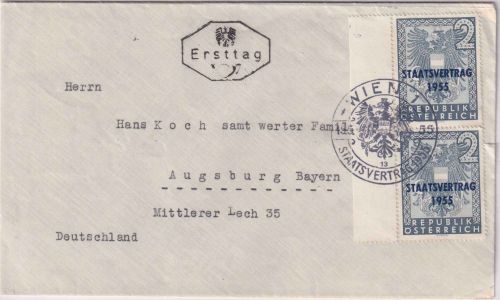 Österreich - 2 S Staatsvertrag senkr. Paar/Rand FDC ESST Wien - Augsburg 15.5.55