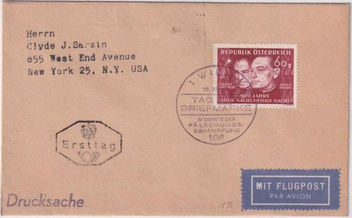 Österreich - 60g Stille Nacht, heilige Nacht Luftpost-Drucksache/FDC n. USA 1948
