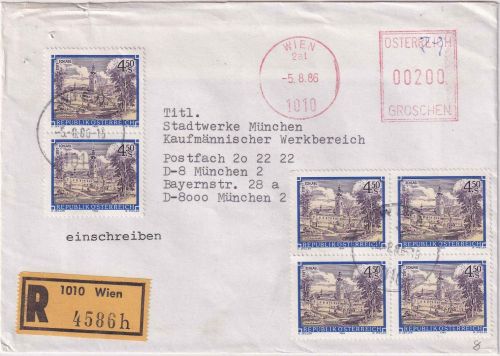 Österreich - 6x4,50 S. Freimarke + 2 S. PFS Einschreibebrief Wien - München 1986