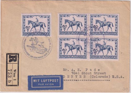 Österreich - 5x60g Pferderennen Lupo-Einschreibebrief/FDC n. USA ESST Wien 1947