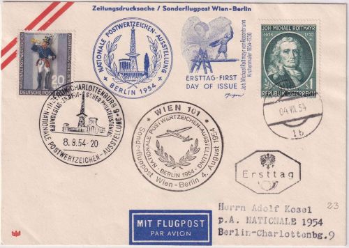 Österreich/Berlin - Wien 4.8.54 Sonderflugpost Nat. PWZ-Ausstellung n. Berlin