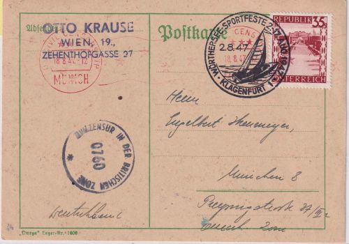 Österreich 35g Landschaften Zensurkarte SST Klagenfurt Wörthersee Sportfest 1947