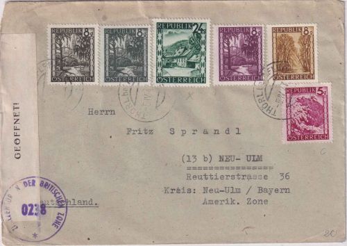 Österreich - 24g u.a. Landschaften Zensurbrief Thörl b. Aflenz - Neu-Ulm 1947