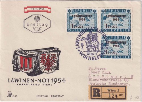 Österreich - 3x1 S. Lawinenopfer Einschreibebrief/Schmuck-FDC ESST Wien 19.2.54