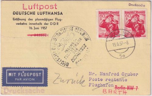Österreich - 2x60g Trachten Lupo-Drucksache Zuleitungspost LH-Erstflug 1957