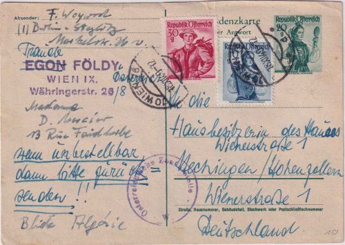 Österreich - 20g Trachten Ganzsache/A-Teil+Zusatz Wien - Hechingen 1949