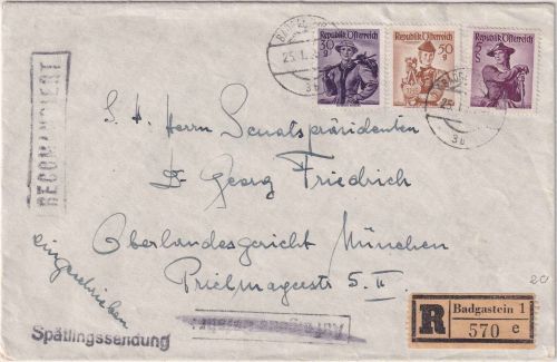 Österreich - 5 S ua. Trachten Einschreibebrief/Spätlingssendung Bad Gastein 1949