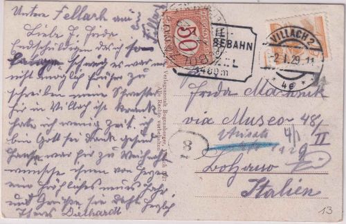 Österreich - 10g Freimarke Karte n. ITALIEN Villach - Bozen 1929 Nachporto