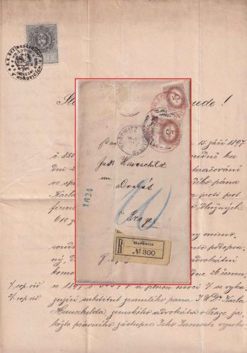 Österreich - 2x5 Kr. Portomarke Dienst-Einschreibebrief Horowitz - Prag 1897