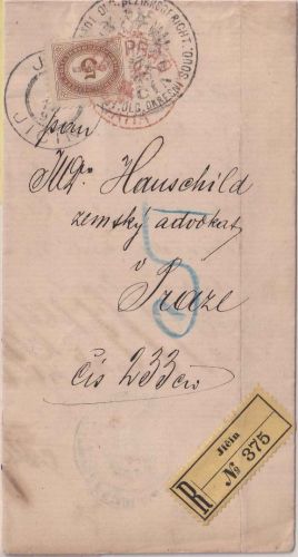 Österreich - 5 Kr. Portomarke Dienst-Einschreibebrief Jicin - Prag 1895