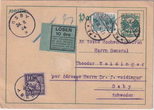 Österreich - 12g Adler Ganzsache+Zusatz n. SCHWEDEN Linz - Osby 1934 Nachporto