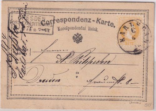 Österreich - 2/5 Kr. Ganzsache (überklebt) K1 Karlsbad 6/6 - Dresden 1874