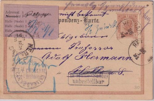 Österreich - 2 Kr. Ganzsache Hernals - Halle a/S. 1891 "Unbestellbar"