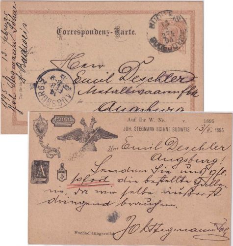Österreich - 2 Kr. Ganzsache priv. Zudruck Budweis - Augsburg 1895