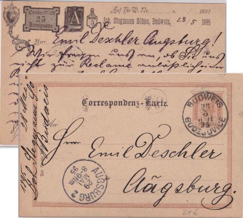 Österreich - 2 Kr. Ganzsache priv. Zudruck Budweis - Augsburg 1895