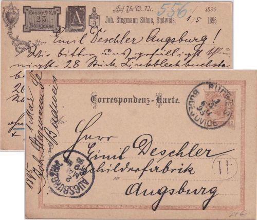 Österreich - 2 Kr. Ganzsache priv. Zudruck Budweis - Augsburg 1895
