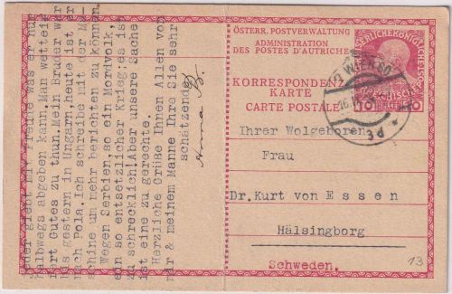 Österreich - 10 H. Ganzsache n. SCHWEDEN Wien - Helsingborg 1914