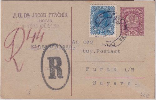Österreich - 10 H. Ganzsache+ Zusatz Einschreibekarte Taus - Fürth 1918