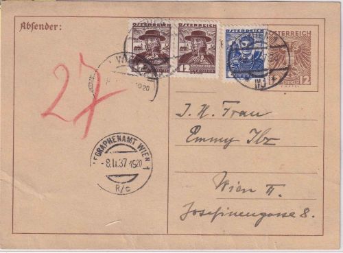 Österreich - 12g Adler Ganzsache+Zusatz Orts-Rohrpostkarte Wien 1937