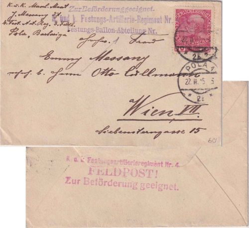 Österreich - Festungs-Ballon-Abteilung L3 Brief Pola - Wien 1915
