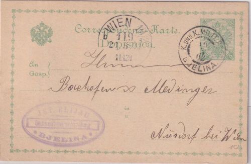 Bosnien & Herzegowina - 5 H. Adler Ganzsachenkarte KuK Militärpost Bjelina 1902