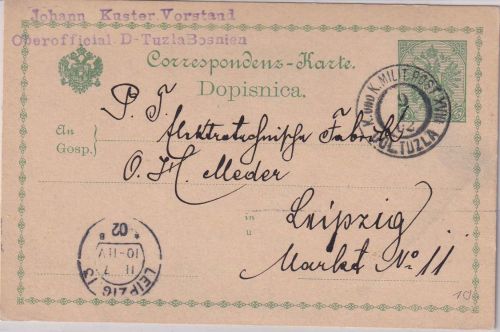 Bosnien & Herzegowina - 5 H. Adler Ganzsachenkarte KuK Militärpost D. Tuzla 1902