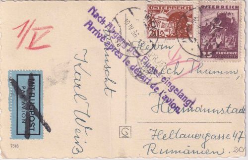 Österreich - 25+20g Flugpost Luftpostkarte n. RUMÄNIEN Wien - Hermannstadt 1936