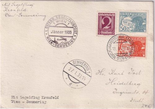 Österreich - 50+10g Flugpost u.a. Luftpostkarte 1. Segelflugpost Wien/Semmering