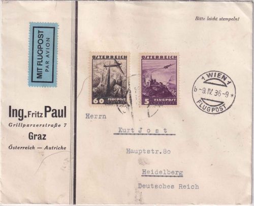 Österreich - 60+5g Flugpost Luftpostbrief Wien - Heidelberg 1936