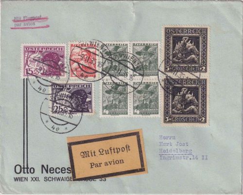 Österreich - 2x3g Nibelungen u.a. Luftpostbrief Wien - Heidelberg 1935