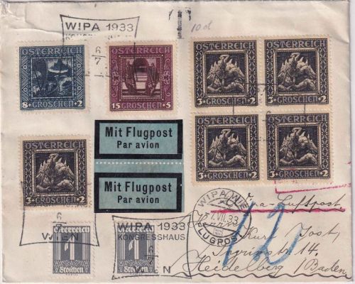 Österreich - 15g Nibelungen Luftpostbrief SST Wien WIPA - Heidelberg 1933