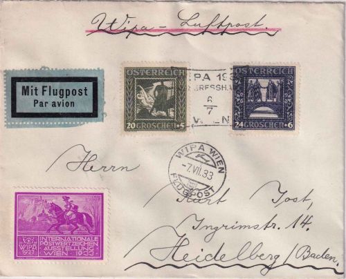 Österreich - 20+24g Nibelungen Luftpostbrief SST Wien WIPA - Heidelberg 1933