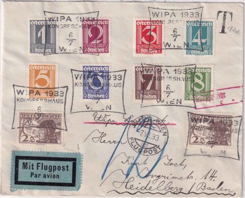 Österreich - 2x2g Flugpost u.a. Luftpostbrief SST Wien WIPA - Heidelberg 1933