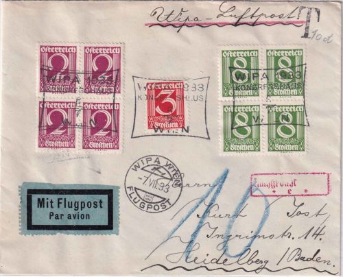 Österreich - 8g Ziffer 4er-Block ua. Luftpostbrief SST Wien WIPA Heidelberg 1933