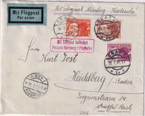 Österreich - 10+15+20g Flugpost Luftpostbrief SST Wien WIPA - Heidelberg 1933
