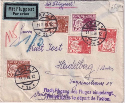 Österreich - 2x20g u.a. Flugpost Luftpostbrief Graz - Heidelberg 1935