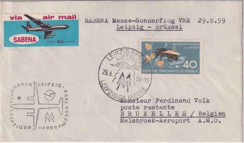 DDR - 40 Pfg. Honigbiene Luftpostbrief/Sabena Messesonderflug Leipzig 1959