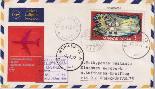 Ungarn - 3 Ft. Fischer Luftpostbrief/Zuleitung LH-Erstflug FFM/Kinshasa 1972