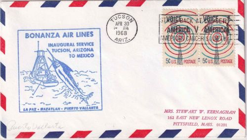 USA - Bonanza Air Lines Firstflight Tucson - Puerto Vallarta 1968 Cachet Marlin