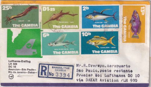 Gambia - 1,25 D. ua. Fische Luftpost-Einschreibebrief Banjul 1975 Zuleitungspost