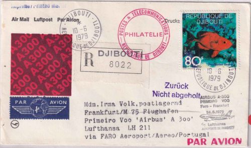 Dschibuti - 80 Fr. Barsch Luftpost-Einschreibebrief/LH-Erstflug Zuleitung 1979