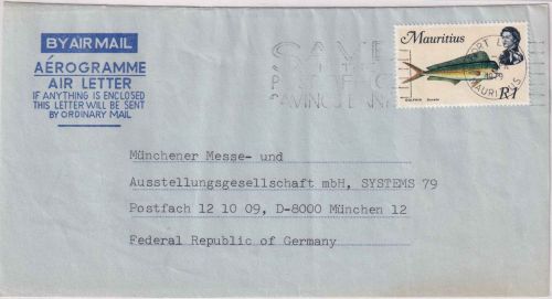 Mauritius - 1 R. Goldmakrele Aerogramme Port Louis - München 1979