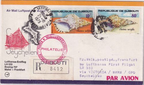 Dschibuti - 80+10 Fr. Meeresschnecken Luftpost-Einschreibebrief 1979