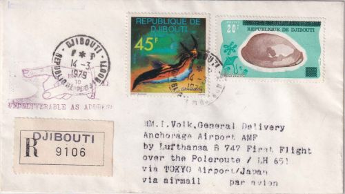 Dschibuti - 20 Fr. Meeresschnecken/Überdruck u.a. Luftpost-Einschreibebrief 1979