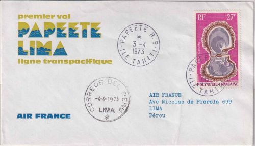 Franz. Polynesien - 27 Fr. Perlmuschel Air France Erstflug Papaate/Lima 1973