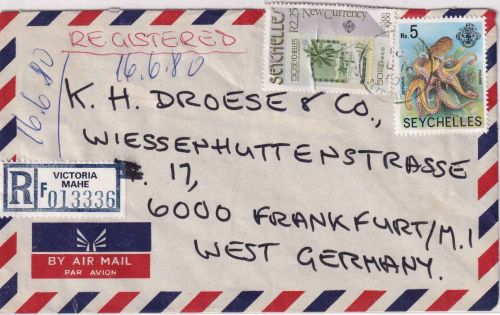 Seychellen - 5 R. Karke u.a. Luftpost-Einschreibebrief Victoria - Frankfurt 1980